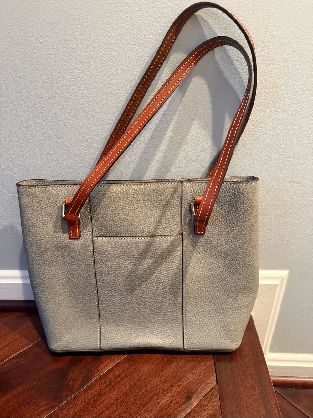 Dooney & Bourke Gray Pebble Leather Tote with Brown Straps and Front Pocket - Picture 5 of 10